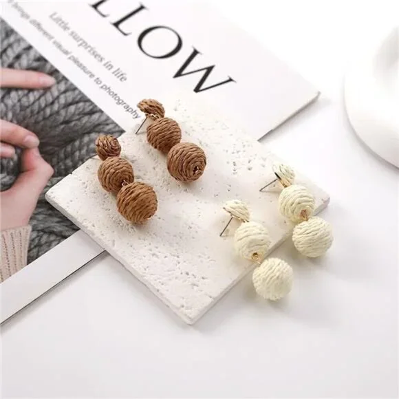 Boho Double Ball Drop Earrings – Woven Rattan Statement Earrings, Set of 2 pair - Picture 5 of 7